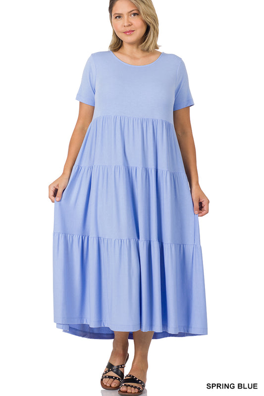 Short Sleeve Tiered Midi Dress (Many Colors Available)
