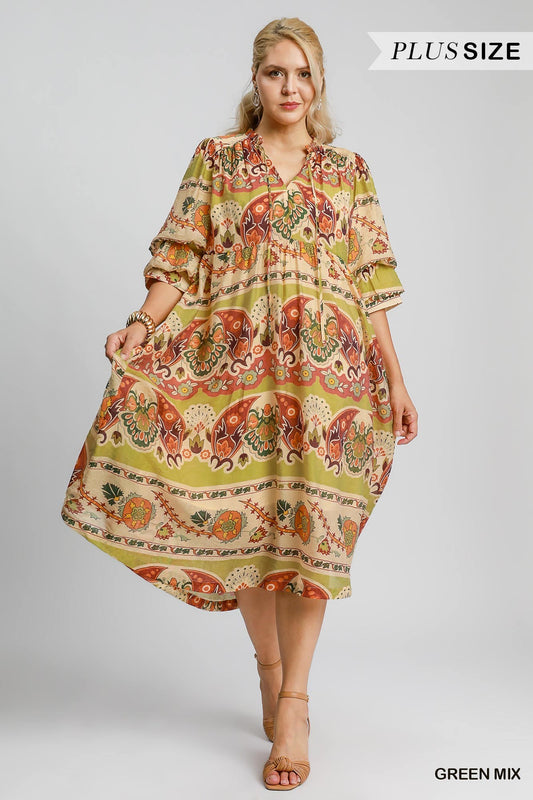 Green Mix Print Midi Dress