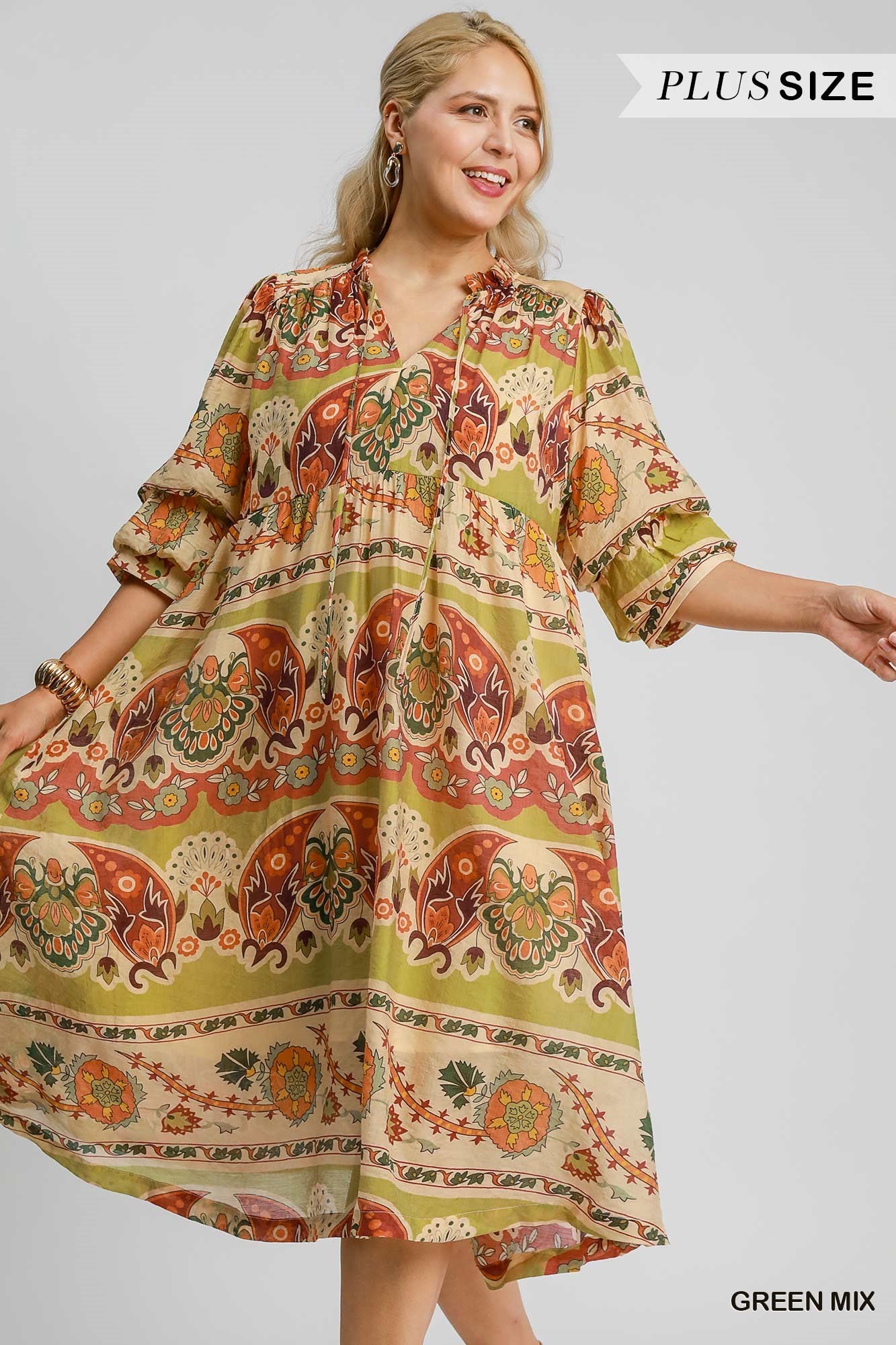 Green Mix Print Midi Dress