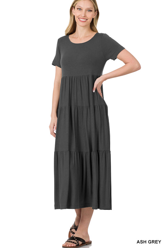 Short Sleeve Tiered Midi Dress (Many Colors Available)