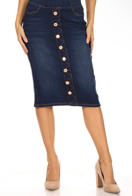 Dark Indigo Denim Skirt w Buttons