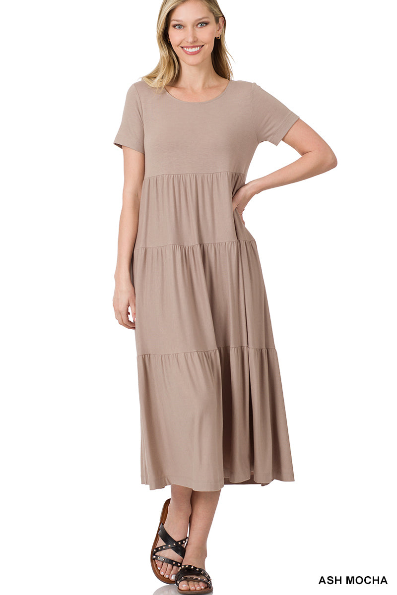 Short Sleeve Tiered Midi Dress (Many Colors Available)