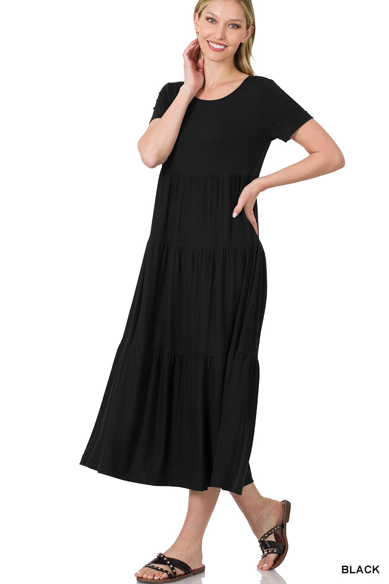 Short Sleeve Tiered Midi Dress (Many Colors Available)