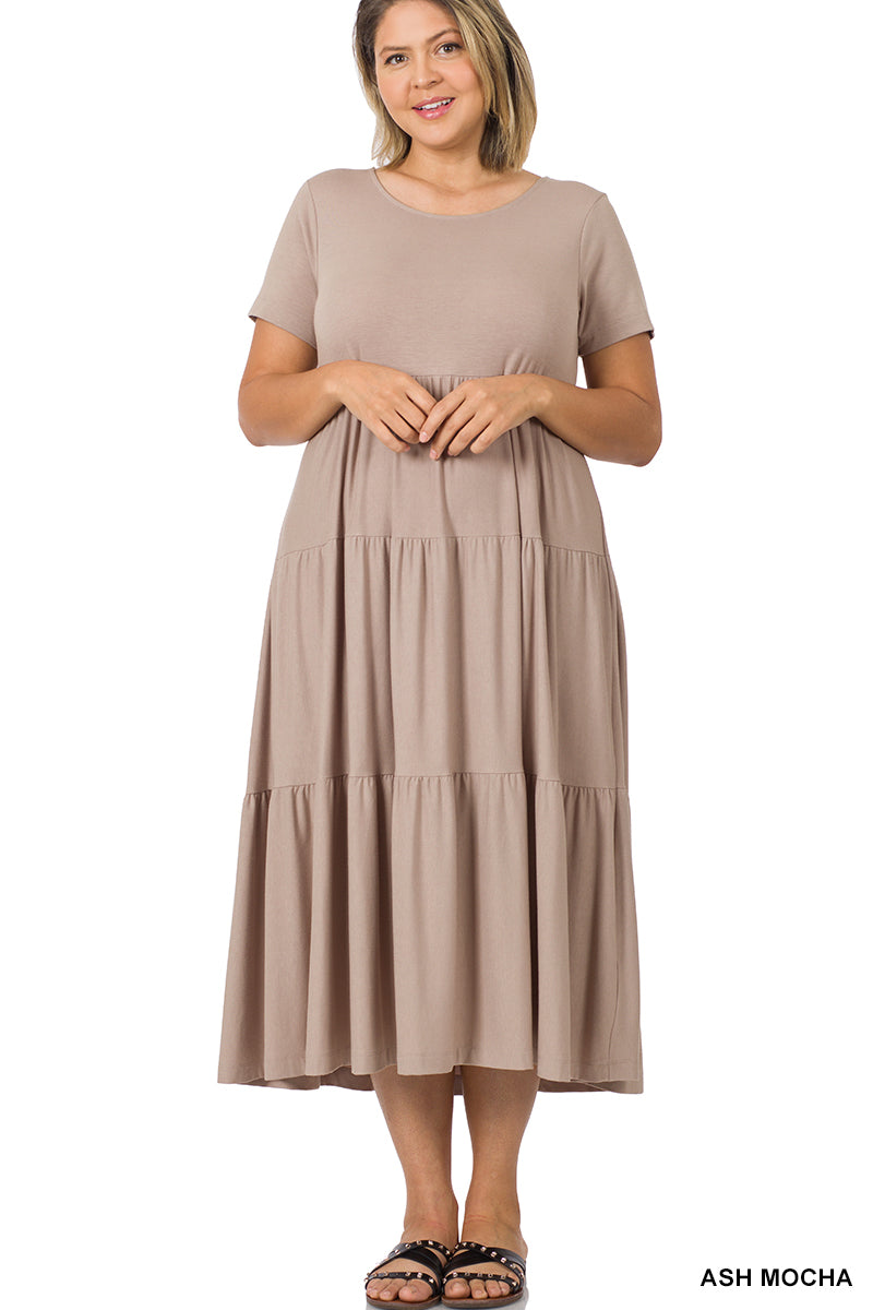 Short Sleeve Tiered Midi Dress (Many Colors Available)