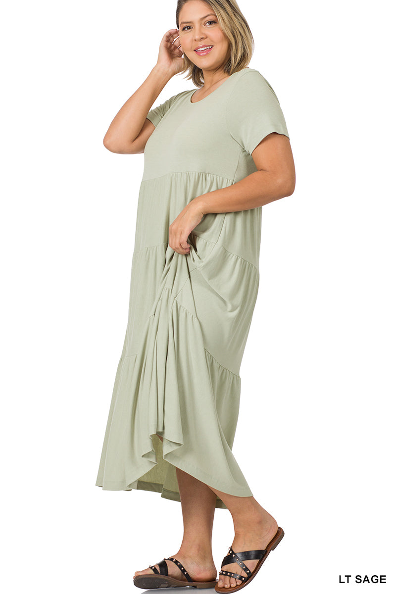 Short Sleeve Tiered Midi Dress (Many Colors Available)