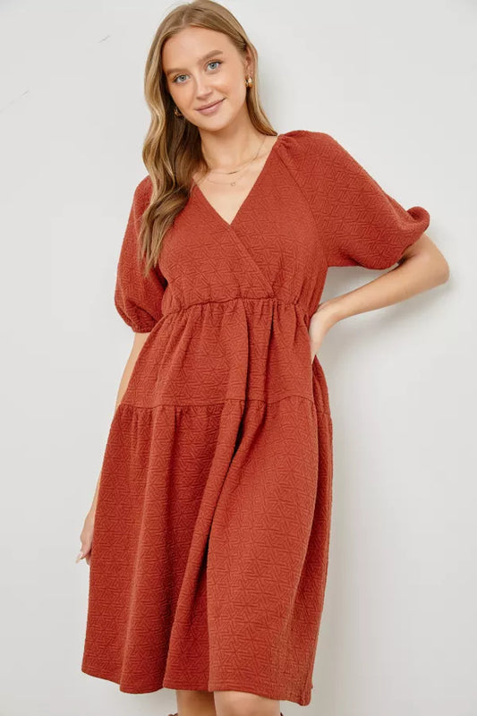 V-neck Quilted Dress (Rust)