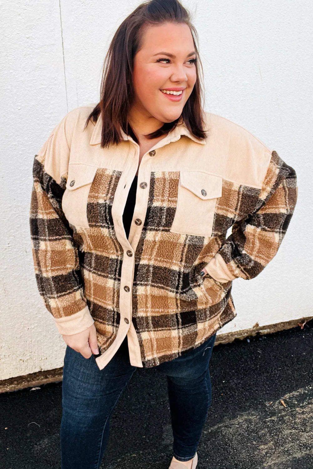 Taupe Corduroy & Plaid Sherpa Button Jacket