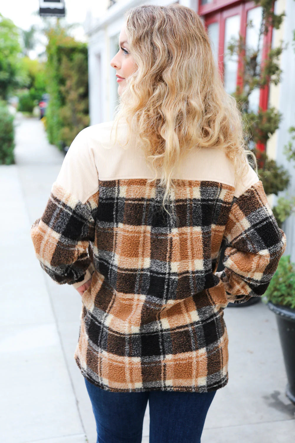 Taupe Corduroy & Plaid Sherpa Button Jacket