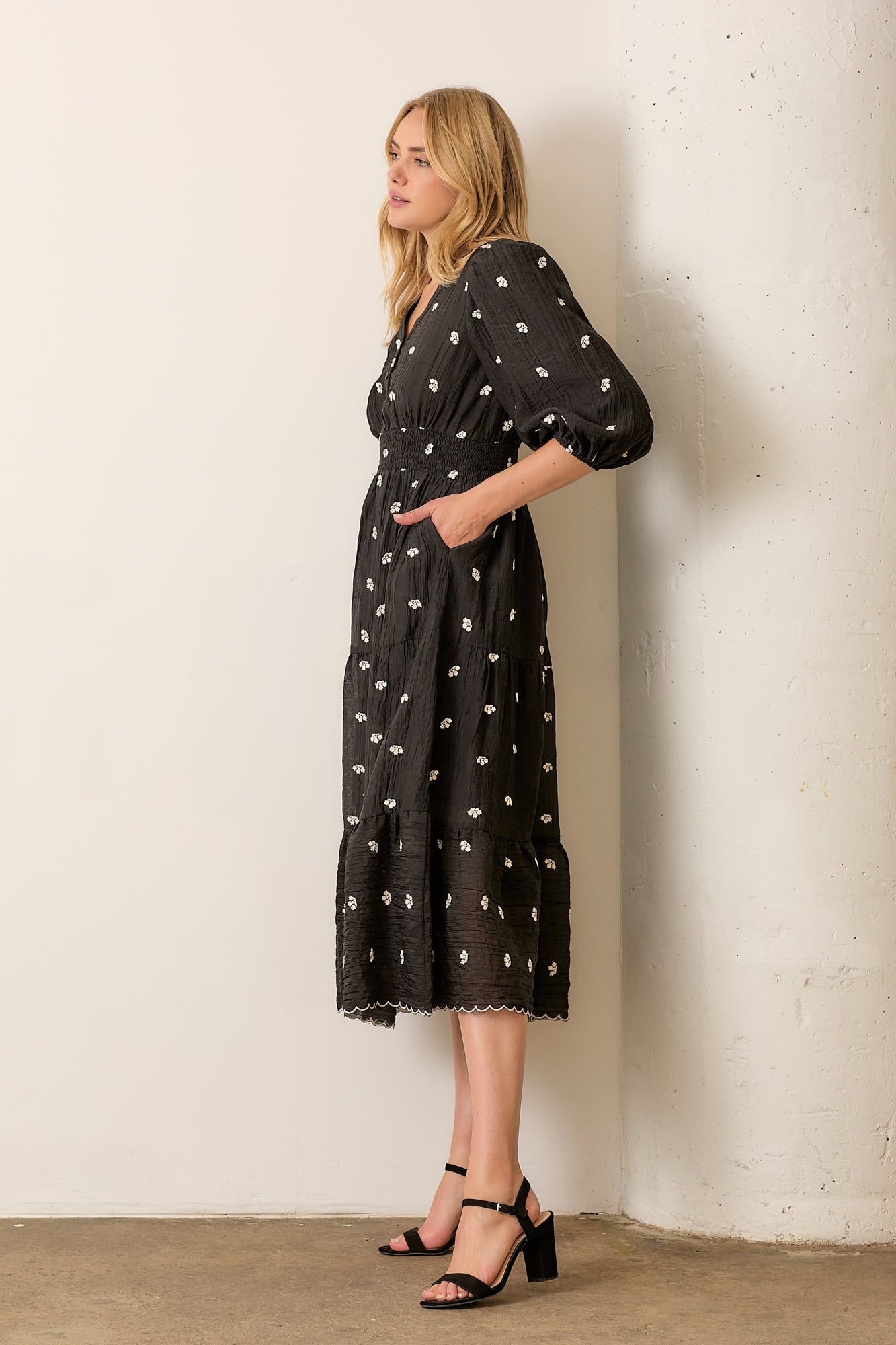 Black Embroidered Midi Dress