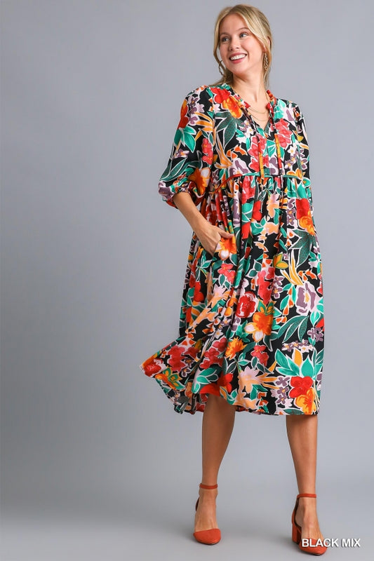 Black Mix Floral Print Dress