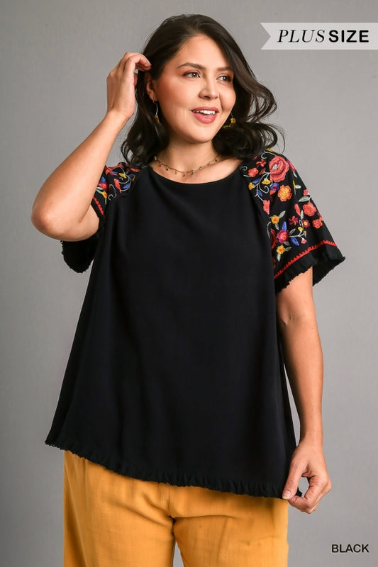 Linen Blend Top with Embroidered Sleeve