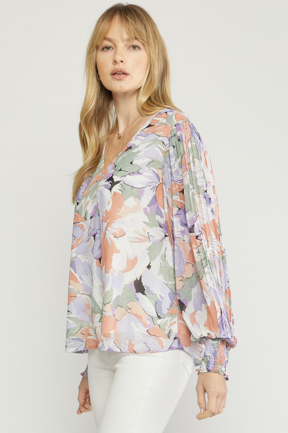 Pleated Sleeve Floral Top