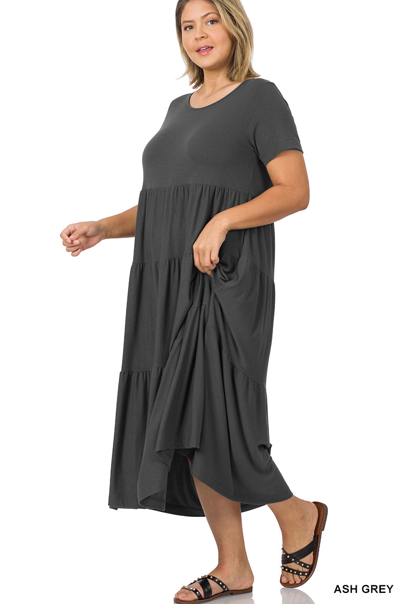 Short Sleeve Tiered Midi Dress (Many Colors Available)