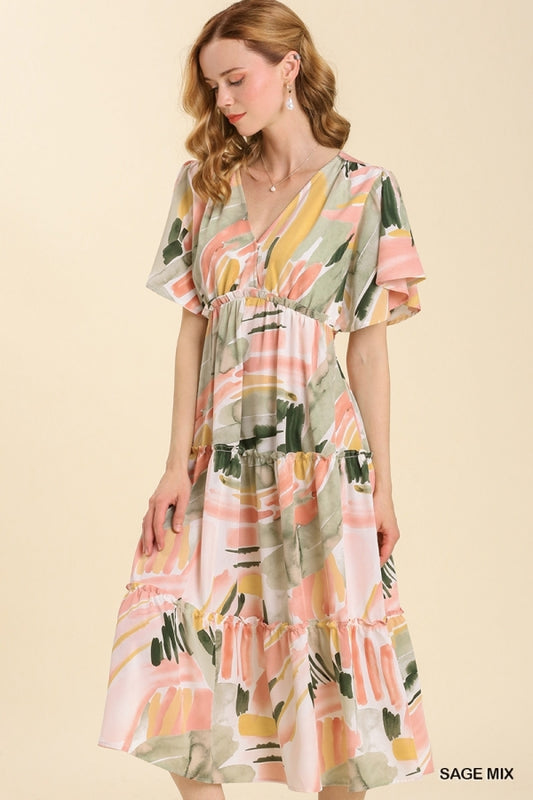 Water Colored Flutter Sleeve Dress